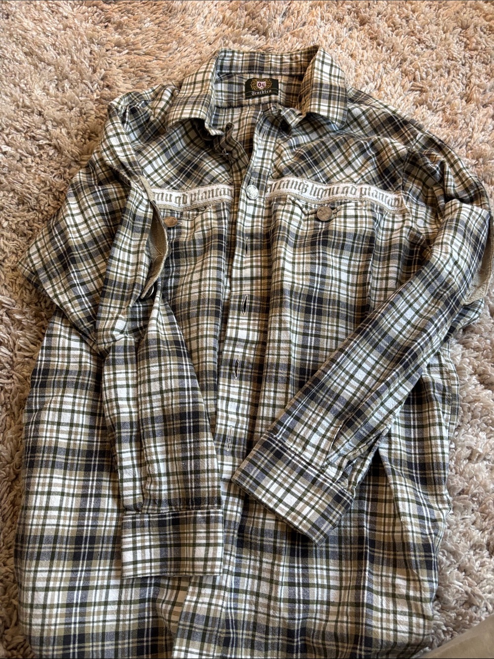 Men's Olive and Cream Plaid Button-Down Shirt with Chest Pockets